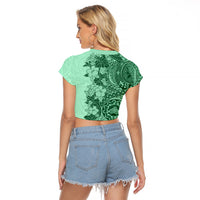 Polynesia Raglan Cropped T Shirt Hibiscus and Hawaiian Tribal Tattoo Retro Style Green Color - Wonder Print Shop