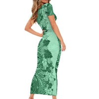 Polynesia Short Sleeve Bodycon Dress Hibiscus and Hawaiian Tribal Tattoo Retro Style Green Color - Wonder Print Shop