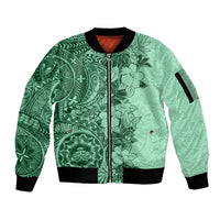 Polynesia Sleeve Zip Bomber Jacket Hibiscus and Hawaiian Tribal Tattoo Retro Style Green Color - Wonder Print Shop