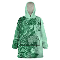 Polynesia Wearable Blanket Hoodie Hibiscus and Hawaiian Tribal Tattoo Retro Style Green Color - Wonder Print Shop