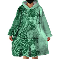 Polynesia Wearable Blanket Hoodie Hibiscus and Hawaiian Tribal Tattoo Retro Style Green Color - Wonder Print Shop