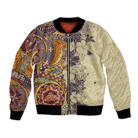 Polynesia Bomber Jacket Hibiscus and Hawaiian Tribal Tattoo Retro Style Tan Color LT9 - Wonder Print Shop