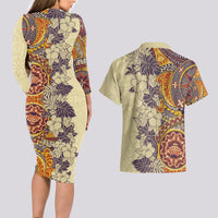 Polynesia Couples Matching Long Sleeve Bodycon Dress and Hawaiian Shirt Hibiscus and Hawaiian Tribal Tattoo Retro Style Tan Color LT9 - Wonder Print Shop