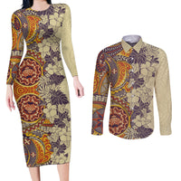 Polynesia Couples Matching Long Sleeve Bodycon Dress and Long Sleeve Button Shirt Hibiscus and Hawaiian Tribal Tattoo Retro Style Tan Color LT9 - Wonder Print Shop