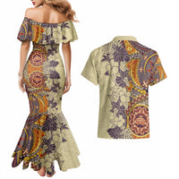 Polynesia Couples Matching Mermaid Dress and Hawaiian Shirt Hibiscus and Hawaiian Tribal Tattoo Retro Style Tan Color LT9 - Wonder Print Shop