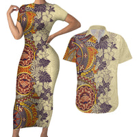 Polynesia Couples Matching Short Sleeve Bodycon Dress and Hawaiian Shirt Hibiscus and Hawaiian Tribal Tattoo Retro Style Tan Color LT9 - Wonder Print Shop