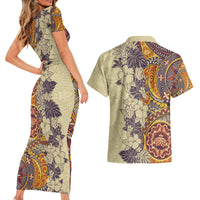 Polynesia Couples Matching Short Sleeve Bodycon Dress and Hawaiian Shirt Hibiscus and Hawaiian Tribal Tattoo Retro Style Tan Color LT9 - Wonder Print Shop