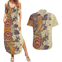 Polynesia Couples Matching Summer Maxi Dress and Hawaiian Shirt Hibiscus and Hawaiian Tribal Tattoo Retro Style Tan Color LT9 - Wonder Print Shop