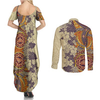 Polynesia Couples Matching Summer Maxi Dress and Long Sleeve Button Shirt Hibiscus and Hawaiian Tribal Tattoo Retro Style Tan Color LT9 - Wonder Print Shop