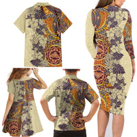 Polynesia Family Matching Long Sleeve Bodycon Dress and Hawaiian Shirt Hibiscus and Hawaiian Tribal Tattoo Retro Style Tan Color LT9 - Wonder Print Shop
