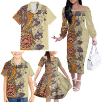 Polynesia Family Matching Off Shoulder Long Sleeve Dress and Hawaiian Shirt Hibiscus and Hawaiian Tribal Tattoo Retro Style Tan Color - Wonder Print Shop