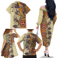 Polynesia Family Matching Off Shoulder Long Sleeve Dress and Hawaiian Shirt Hibiscus and Hawaiian Tribal Tattoo Retro Style Tan Color - Wonder Print Shop