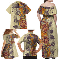 Polynesia Family Matching Off Shoulder Maxi Dress and Hawaiian Shirt Hibiscus and Hawaiian Tribal Tattoo Retro Style Tan Color LT9 - Wonder Print Shop
