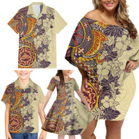 Polynesia Family Matching Off Shoulder Short Dress and Hawaiian Shirt Hibiscus and Hawaiian Tribal Tattoo Retro Style Tan Color LT9 - Wonder Print Shop