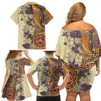 Polynesia Family Matching Off Shoulder Short Dress and Hawaiian Shirt Hibiscus and Hawaiian Tribal Tattoo Retro Style Tan Color LT9 - Wonder Print Shop