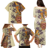 Polynesia Family Matching Puletasi Dress and Hawaiian Shirt Hibiscus and Hawaiian Tribal Tattoo Retro Style Tan Color - Wonder Print Shop