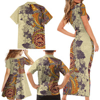 Polynesia Family Matching Short Sleeve Bodycon Dress and Hawaiian Shirt Hibiscus and Hawaiian Tribal Tattoo Retro Style Tan Color - Wonder Print Shop