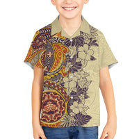 Polynesia Family Matching Short Sleeve Bodycon Dress and Hawaiian Shirt Hibiscus and Hawaiian Tribal Tattoo Retro Style Tan Color - Wonder Print Shop