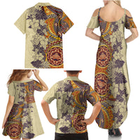 Polynesia Family Matching Summer Maxi Dress and Hawaiian Shirt Hibiscus and Hawaiian Tribal Tattoo Retro Style Tan Color - Wonder Print Shop