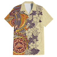 Polynesia Hawaiian Shirt Hibiscus and Hawaiian Tribal Tattoo Retro Style Tan Color - Wonder Print Shop