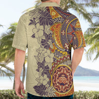 Polynesia Hawaiian Shirt Hibiscus and Hawaiian Tribal Tattoo Retro Style Tan Color - Wonder Print Shop
