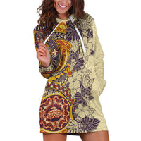 Polynesia Hoodie Dress Hibiscus and Hawaiian Tribal Tattoo Retro Style Tan Color - Wonder Print Shop