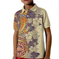 Polynesia Kid Polo Shirt Hibiscus and Hawaiian Tribal Tattoo Retro Style Tan Color - Wonder Print Shop