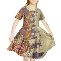 Polynesia Kid Short Sleeve Dress Hibiscus and Hawaiian Tribal Tattoo Retro Style Tan Color - Wonder Print Shop