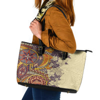 Polynesia Leather Tote Bag Hibiscus and Hawaiian Tribal Tattoo Retro Style Tan Color - Wonder Print Shop
