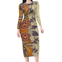 Polynesia Long Sleeve Bodycon Dress Hibiscus and Hawaiian Tribal Tattoo Retro Style Tan Color - Wonder Print Shop