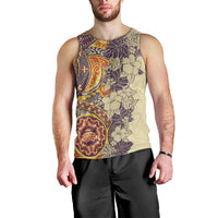 Polynesia Men Tank Top Hibiscus and Hawaiian Tribal Tattoo Retro Style Tan Color - Wonder Print Shop