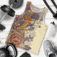 Polynesia Men Tank Top Hibiscus and Hawaiian Tribal Tattoo Retro Style Tan Color - Wonder Print Shop