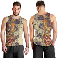 Polynesia Men Tank Top Hibiscus and Hawaiian Tribal Tattoo Retro Style Tan Color - Wonder Print Shop