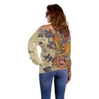 Polynesia Off Shoulder Sweater Hibiscus and Hawaiian Tribal Tattoo Retro Style Tan Color - Wonder Print Shop