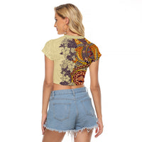 Polynesia Raglan Cropped T Shirt Hibiscus and Hawaiian Tribal Tattoo Retro Style Tan Color - Wonder Print Shop