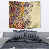 Polynesia Tapestry Hibiscus and Hawaiian Tribal Tattoo Retro Style Tan Color - Wonder Print Shop