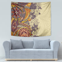 Polynesia Tapestry Hibiscus and Hawaiian Tribal Tattoo Retro Style Tan Color - Wonder Print Shop