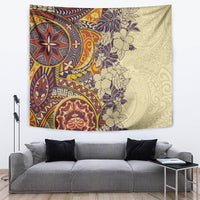 Polynesia Tapestry Hibiscus and Hawaiian Tribal Tattoo Retro Style Tan Color - Wonder Print Shop