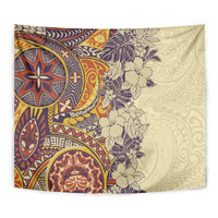 Polynesia Tapestry Hibiscus and Hawaiian Tribal Tattoo Retro Style Tan Color - Wonder Print Shop