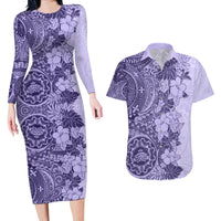 Polynesia Couples Matching Long Sleeve Bodycon Dress and Hawaiian Shirt Hibiscus and Hawaiian Tribal Tattoo Retro Style Violet Color LT9 - Wonder Print Shop
