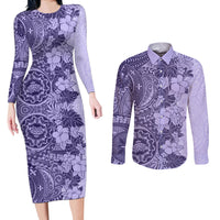 Polynesia Couples Matching Long Sleeve Bodycon Dress and Long Sleeve Button Shirt Hibiscus and Hawaiian Tribal Tattoo Retro Style Violet Color LT9 - Wonder Print Shop