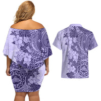 Polynesia Couples Matching Off Shoulder Short Dress and Hawaiian Shirt Hibiscus and Hawaiian Tribal Tattoo Retro Style Violet Color LT9 - Wonder Print Shop