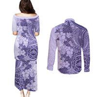 Polynesia Couples Matching Puletasi Dress and Long Sleeve Button Shirt Hibiscus and Hawaiian Tribal Tattoo Retro Style Violet Color LT9 - Wonder Print Shop