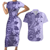 Polynesia Couples Matching Short Sleeve Bodycon Dress and Hawaiian Shirt Hibiscus and Hawaiian Tribal Tattoo Retro Style Violet Color LT9 - Wonder Print Shop