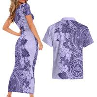 Polynesia Couples Matching Short Sleeve Bodycon Dress and Hawaiian Shirt Hibiscus and Hawaiian Tribal Tattoo Retro Style Violet Color LT9 - Wonder Print Shop