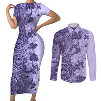 Polynesia Couples Matching Short Sleeve Bodycon Dress and Long Sleeve Button Shirt Hibiscus and Hawaiian Tribal Tattoo Retro Style Violet Color LT9 - Wonder Print Shop