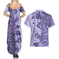 Polynesia Couples Matching Summer Maxi Dress and Hawaiian Shirt Hibiscus and Hawaiian Tribal Tattoo Retro Style Violet Color LT9 - Wonder Print Shop