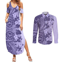 Polynesia Couples Matching Summer Maxi Dress and Long Sleeve Button Shirt Hibiscus and Hawaiian Tribal Tattoo Retro Style Violet Color LT9 - Wonder Print Shop