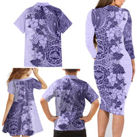 Polynesia Family Matching Long Sleeve Bodycon Dress and Hawaiian Shirt Hibiscus and Hawaiian Tribal Tattoo Retro Style Violet Color LT9 - Wonder Print Shop