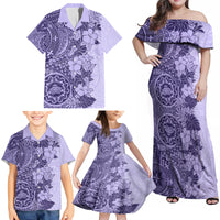 Polynesia Family Matching Off Shoulder Maxi Dress and Hawaiian Shirt Hibiscus and Hawaiian Tribal Tattoo Retro Style Violet Color LT9 - Wonder Print Shop
